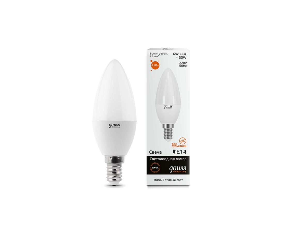 ლედ ნათურა Candle 6W E14 2700K gauss el - 33116 — ნათურა და ვაზნა